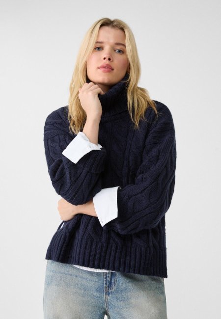 Turtleneck sweater in cable-knit fabric