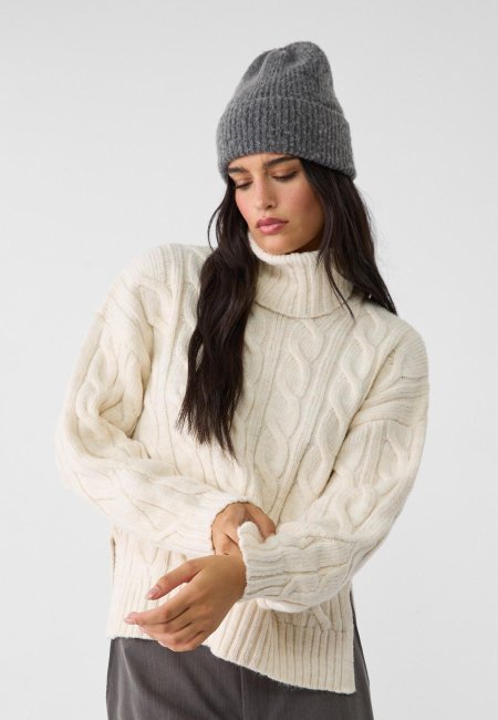 Turtleneck sweater in cable-knit fabric