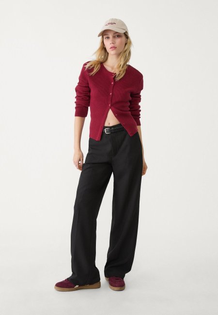 Belted and flowing straight fit fabric trousers