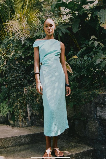 APPLIQUÉ ASYMMETRIC LINEN BLEND MIDI DRESS