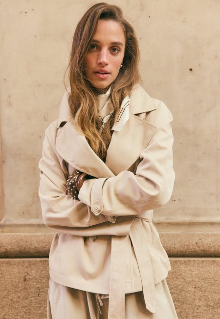 Short flowing trench coat with belt