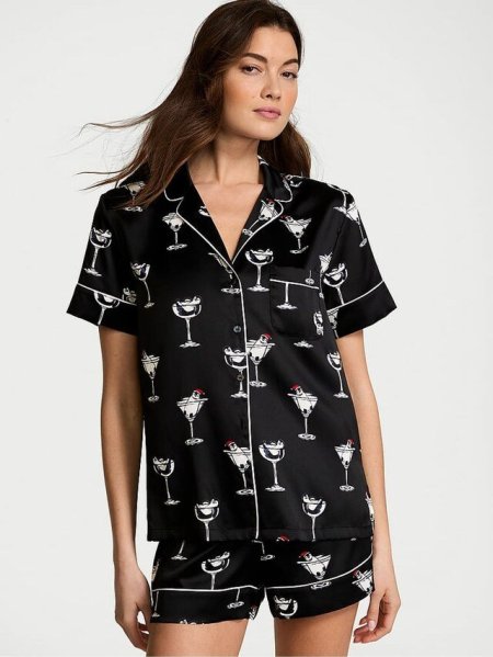 Black Cocktail Penguins Satin Short Pyjama Set