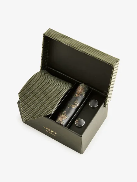 NEXT Olive Green Silk Tie, Pocket Square and Cufflinks Gift Box Set