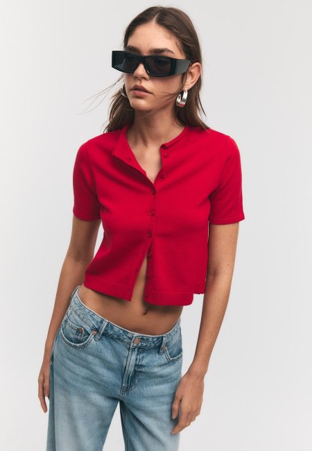 Stand collar buttoned knit cardigan
