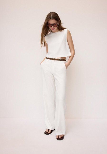 Straight-leg linen-effect trousers with belt