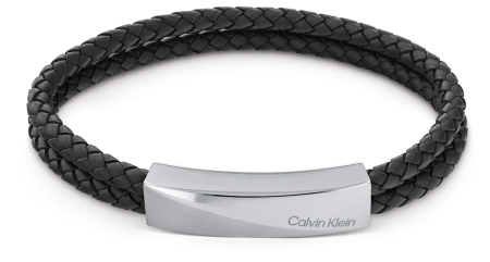 Calvin Klein Mens Black Leather and Stainless Steel Double Bracelet