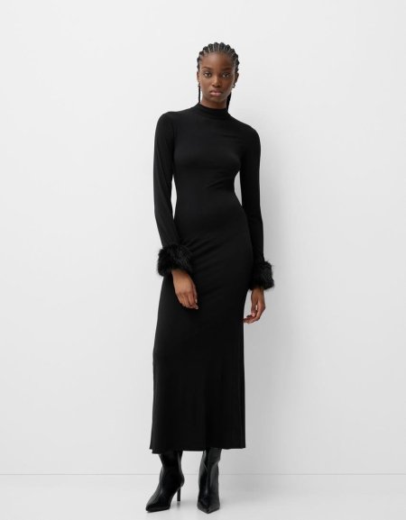 Bershka long sleeves with fur details midi black dress