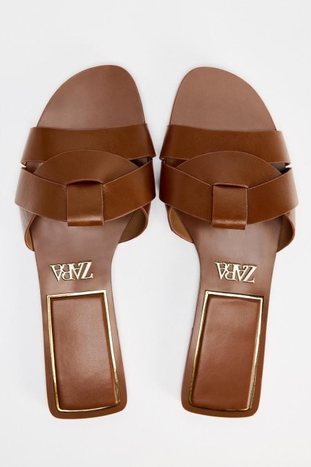 Zara FLAT CRISS-CROSS LEATHER SLIDER SANDALS