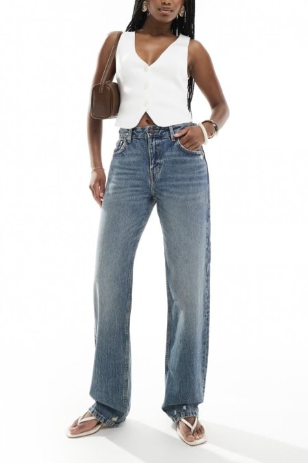 Pull&Bear mid rise straight jean in washed blue