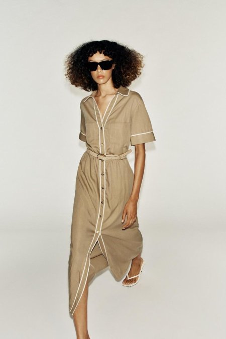 MIDI DRESS WITH CONTRAST TRIMS AND BELT