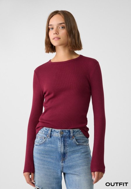 LONG SLEEVE RIBBED T-SHIRT - Burgundy