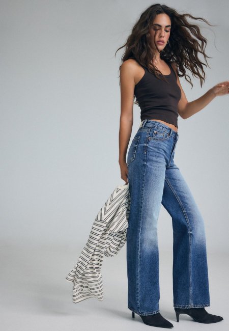 D92 Ripped straight wide-leg jeans RINSE BLUE DENIM